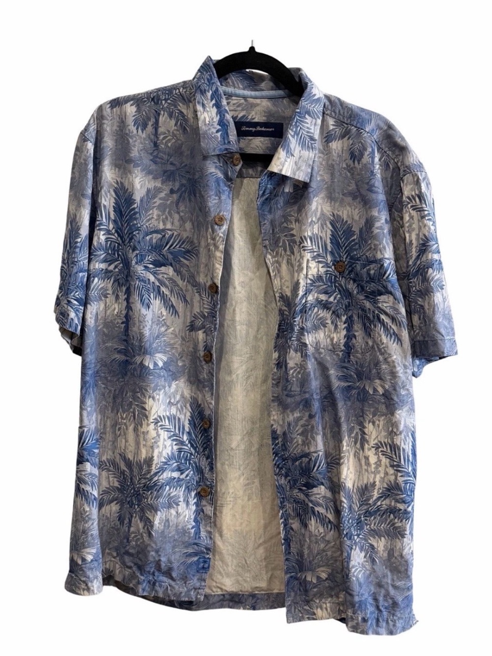 100% Silk Tommy Bahama Blue Palm-Print Short-Sleeve Button-Down Shirt